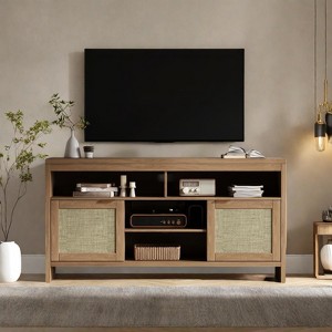 58" Inch Rattan TV Stand for TV Up to 65 Inch, Boho Entertainment Center with Storage,Natural - 1 of 4