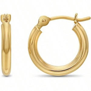 Yellow Gold Round Hoop Earrings, 2mm Tube, Classic Polished Style - 1 of 4