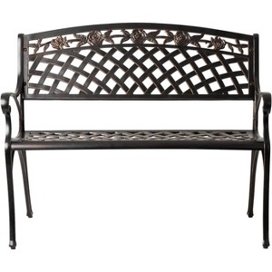 63285 Scarlet Cast Aluminum Patio Bench Heavy Duty Rust Free Metal Construction Lightweight Easy Assembly For Front Porch - Antique Bronze Finish - 1 of 4