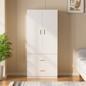 Buenhomino Wooden Armoire Wardrobe Closet, 71" Tall Wardrobe Cabinet with Drawer and Door, White Clothes Storage Cabinet with Hanging Rod and Drawers - 1 of 4