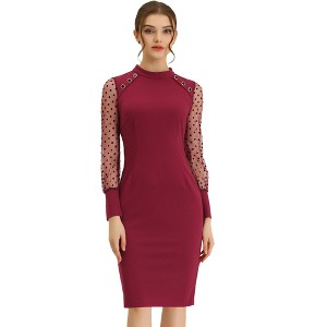 Allegra K Women's Mock Neck Mesh Dots Long Sleeve Button Decor Midi Sheath Dress - 1 of 4