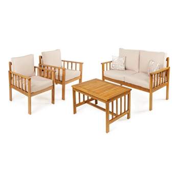 Everly 4-Piece Modern Cottage Acacia Wood Outdoor Patio Set with Cushions and Tropical Decorative Pillows - JONATHAN Y