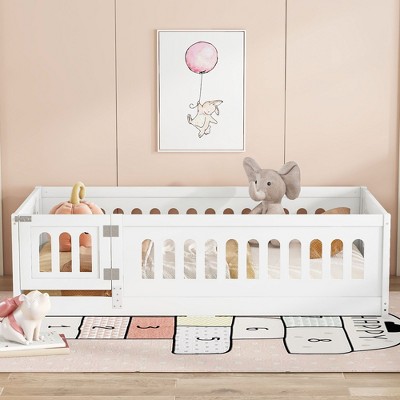 Okak Twin/Full Size Floor Bed Frame Solid Wood Bed with Safety Rails, Low Profile Design for Child Bedroom, Kids Playroom