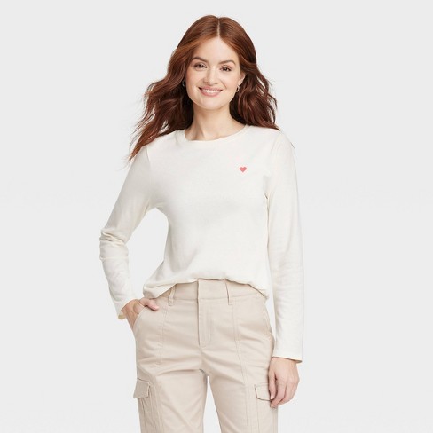 Women's Long Sleeve Embroidered Heart T-shirt - A New Day™ Cream Xl : Target