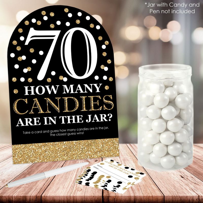 Big Dot of Happiness Adult 70th Birthday - Gold - How Many Candies Birthday Party Game - 1 Stand and 40 Cards - Candy Guessing Game, 2 of 9