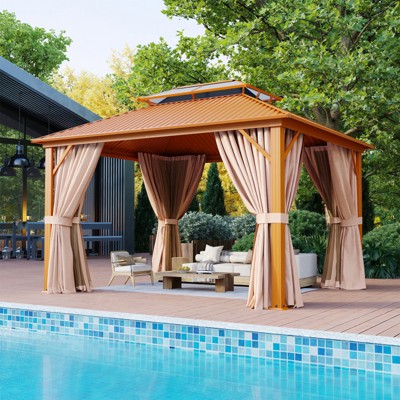 Aoxun 10x12 FT Hardtop Gazebo – Outdoor Aluminum Pavilion with Dual-Layer Polycarbonate Roof, Netting Curtains & 20" Ceiling Fans with Lights