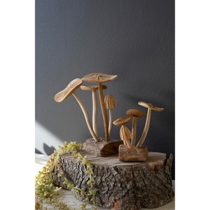 Set of 2 Carved Teak Wood Mushroom Clusters – Decorative Sculptures 9" Tall by Kalalou - 1 of 3