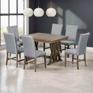 7 PCS Mid-Century Dining Set with Extendable Table, Table with Trestle Base and Removable Leaf, 6-Seater Chairs with Wood Frame-Coolbibila - 1 of 4