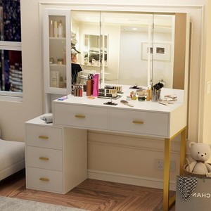 PAKASEPT Vanity Desk with Tri-fold Mirror and Lights, Vanity Dressing Table with Charging Station, Hidden Storage Shelves and 5 Drawers - 1 of 4
