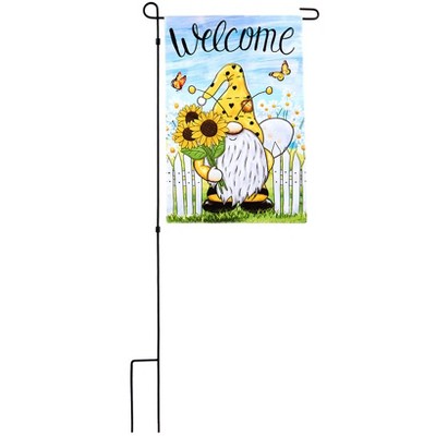 The Lakeside Collection Bee Gnome Welcome Garden Flag with Metal Pole