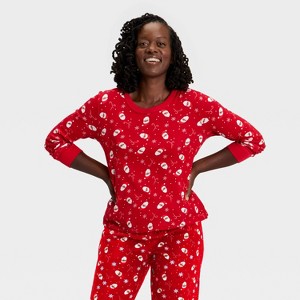 Women's Santa Print Ribbed Long Sleeve Holiday Matching Family Pajama Shirt - Wondershop™ Red - 1 of 4