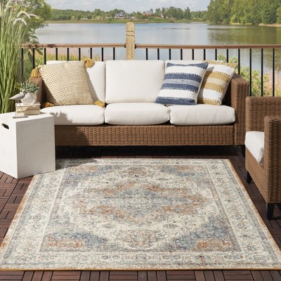 Beige Blue Rectangular 5' x 7' Synthetic Outdoor Rug