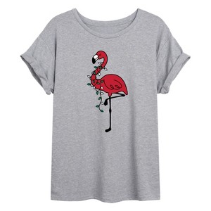 Women's - Instant Message - Holiday Flamingo Oversized Graphic T-Shirt - 1 of 4