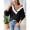 Women's Chunky Sweater Fall Winter Long Sleeve Knit Sweater Shirt V Neck Contrast Color Loose Oversized Pullover Top Blouse with Pearls - 2 of 3