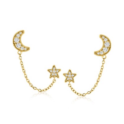Ross-Simons 0.40 ct. t.w. White Topaz Moon and Star Double-Piercing Earrings in 18kt Gold Over Sterling