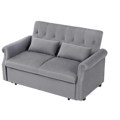 NicBex Modern Velvet Convertible Loveseat Sleeper Sofa with 2 Lumbar Pillows,Adjustable Pull-Out Bed and Removable Armrest for Living Room,Gray