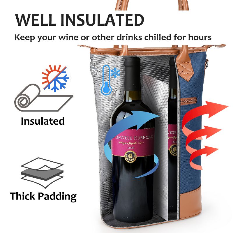 Tirrinia Insulated Wine Gift Bag - Padded 2 Bottle Wine Tote Carrier, Portable Wine Cooler Bag for Party Beach Travel, Gifts Idea, 2 of 7