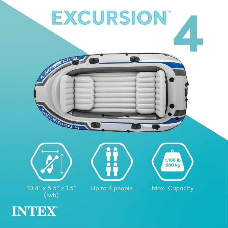 INTEX 68324EP Excursion 4 Inflatable Boat Set: Includes Deluxe 54in Boat Oars and High-Output Pump – Adjustable Seats with Backrest – Fishing Rod, 3 of 8