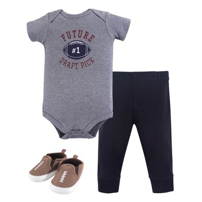 Hudson Baby Infant Boy Cotton Bodysuit, Pant and Shoe 3pc Set, Football, 3-6 Months