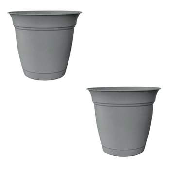 HC Companies 8 Inch Eclipse Planter Indoor Outdoor Round Classic Pot with Attached Saucer for Flowers, Vegetables, & Succulents, Stormy Gray (2 Pack)