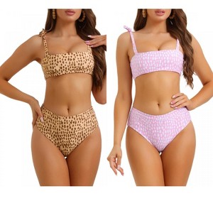 INSPIRE CHIC Women's Tie Shoulder Leopard Print Bandeau High Waist Swimwear Bathing Suits 2 Sets - 1 of 4