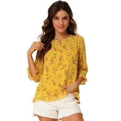 INSPIRE CHIC Women's Round Neck Ruffle 3/4 Sleeve Floral Print Chiffon Blouse