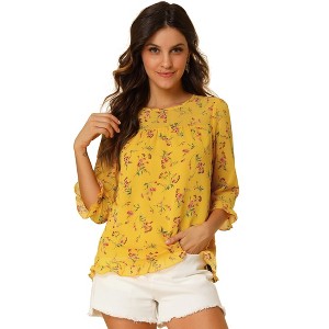 INSPIRE CHIC Women's Round Neck Ruffle 3/4 Sleeve Floral Print Chiffon Blouse - 1 of 4