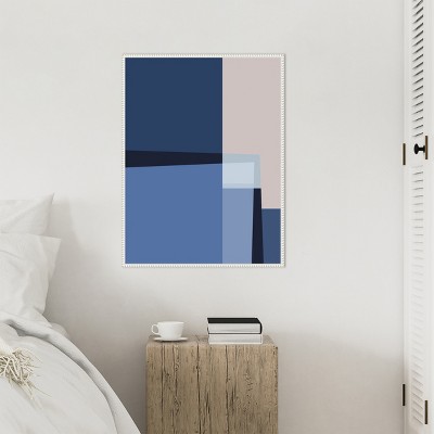 Blue Lines Abstract Canvas Art with White Beaded Frame