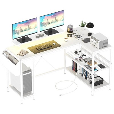 L Shaped Computer Desk with Power Outlets & LED Light