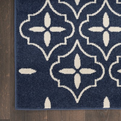 Navy and White Moroccan Trellis Synthetic Outdoor Rug, 5' x 7'