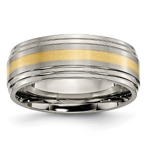 Black Bow Jewelry 8mm Titanium & 14k Gold Inlay Flat Double Ridge Edge Standard Fit Band - 1 of 4