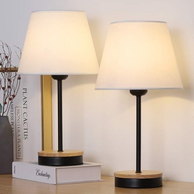Oumilen Table lamp with White Lampshade, Wooden Base, Set of 2