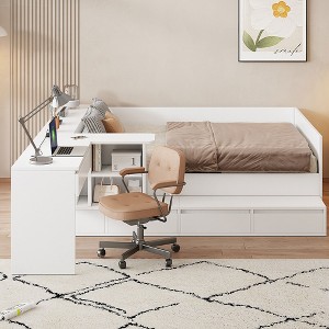 Full Size Wooden Platform Bed with 6 Drawers, Shelves and Dressing Table - 1 of 4