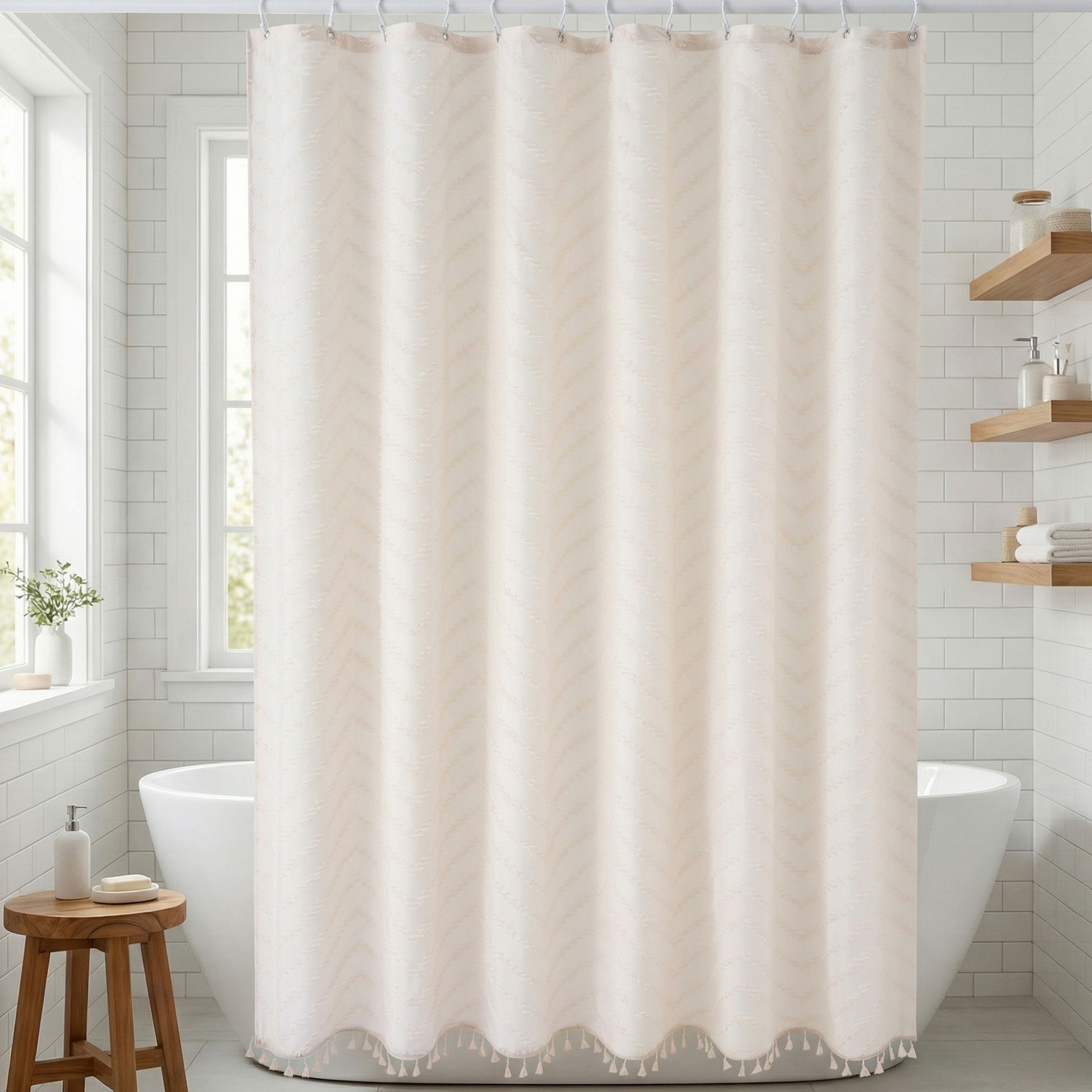 REGALWOVEN Boho Farmhouse 3D Wavy Striped Shower Curtain with Tassel Shower Curtain Sets with 12 Hooks, Water-Repellent Fabric 72 x 72 Inch 1 Pc