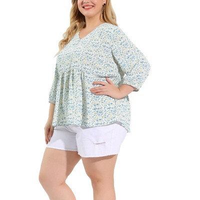 Agnes Orinda Women's Plus Size V Neck Babydoll 3/4 Sleeve Floral Flowy  Blouse White 4X