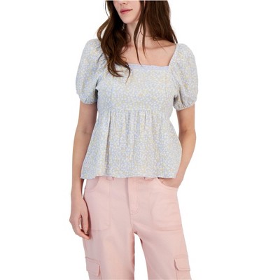 Hippie Rose Womens Puff Sleeve Textured Baby Doll Blouse, Multicoloured, Medium