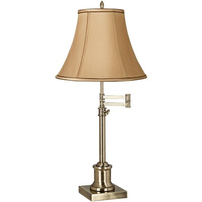 360 Lighting Traditional Swing Arm Desk Table Lamp Adjustable Height Antique Brass Tan Fabric Bell Shade for Living Room Bedroom