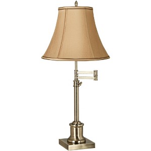 360 Lighting Traditional Swing Arm Desk Table Lamp Adjustable Height 36" Tall Antique Brass Tan Fabric Bell Shade for Living Room Bedroom - 1 of 4