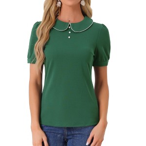 INSPIRE CHIC Women's Summer Peter Pan Collar Contrast Trim Puff Short Sleeve Blouse - 1 of 4