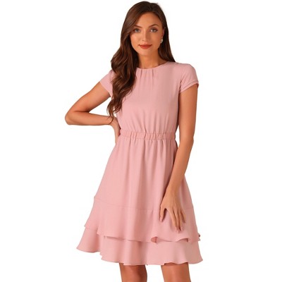 Allegra K Women's Work Ruffle Hem Cap Sleeve High Waist A-Line Layered Midi Dress