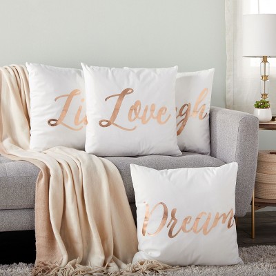 Set of 4 White Cotton Pillow Covers with Rose Gold Inspirational Phrases