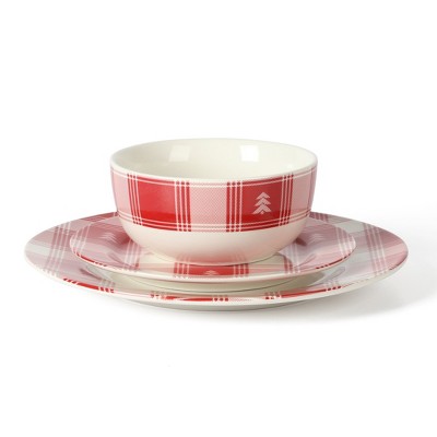 Red and White Plaid Ceramic Holiday Dinnerware Set, Service for 4
