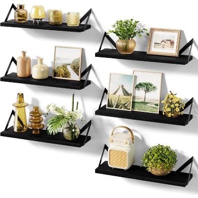 Sriracha Floating Shelves for Wall Decor, Wood Wall Shelves for Bathroom, Bedroom, Kitchen, Living Room, Set of 6 (Weathered Black)