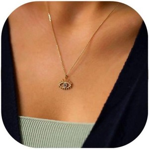 Evil Eye Necklace: 14K Gold Plated Blue CZ Diamond Boho Pendant for Women, Protection Gift - 1 of 4