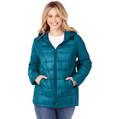 Woman Within Women s Plus Size Packable Puffer Jacket L Deep Teal