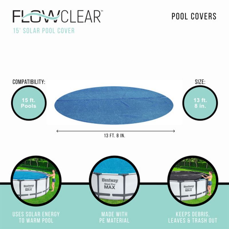 Bestway Flowclear 14 Feet Round Above Ground Solar Pool Cover Only for Pool Water Maintenance of Swimming Pools 15 Feet in Diameter, Blue, 5 of 8