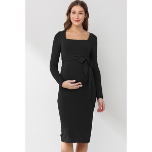 Hello Miz Women's Square Neck Tie Waist Long Sleeve Maternity Dress - 1 of 4