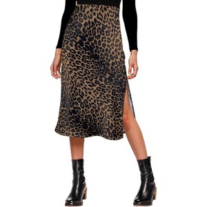 Women's Satin Midi Skirt - High Waist Slit Design with Comfortable Elastic Waistband Leopard Brown - 1 of 4