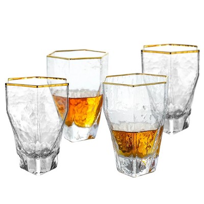 Slickblue Gold-Rimmed Hammered Hexagon Glasses Set of 4, 13.4 oz, Hand-Blown