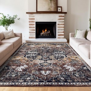 Medallion Living Room Rugs 8x10 Large Oriental Accent Carpet with Non-Slip Backing, Non-Shedding Traditional Floor Cover, Foldable Printed Indoor Mat - 1 of 4